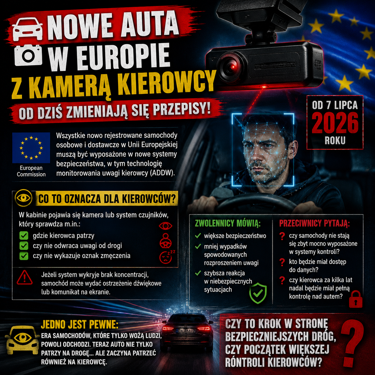 Nowe samochody w Europie będą „patrzeć” na kierowcę. Obowiązkowa kamera lub system monitorowania uwagi