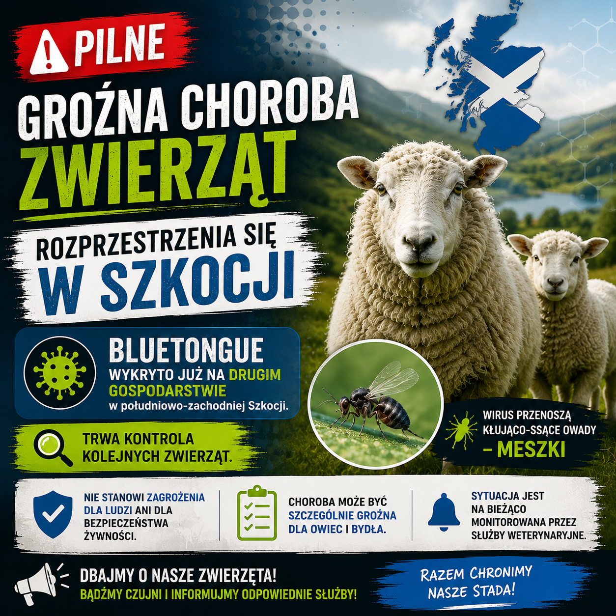 Bluetongue w Szkocji. Choroba zwierząt wykryta na drugim gospodarstwie