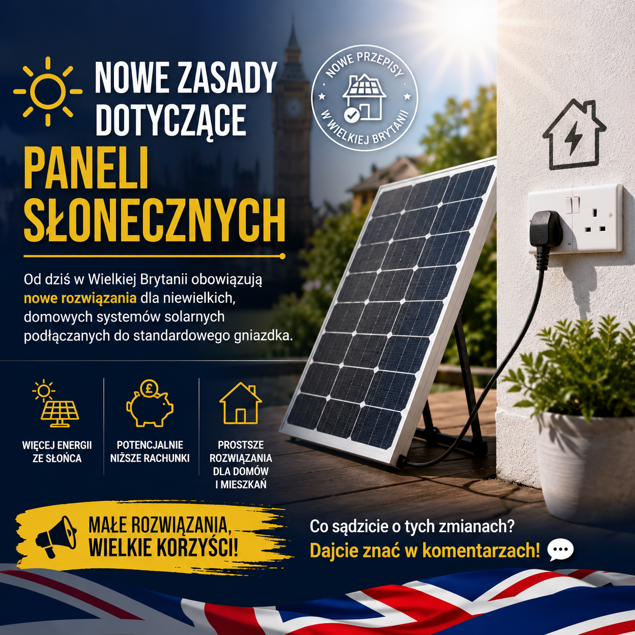 Nowe zasady dla paneli słonecznych w Wielkiej Brytanii. Od dziś można korzystać z systemów plug-in