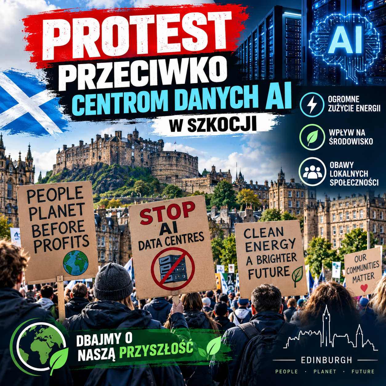 Protest przeciwko centrom danych AI w Szkocji. Mieszkańcy obawiają się ogromnego zużycia energii