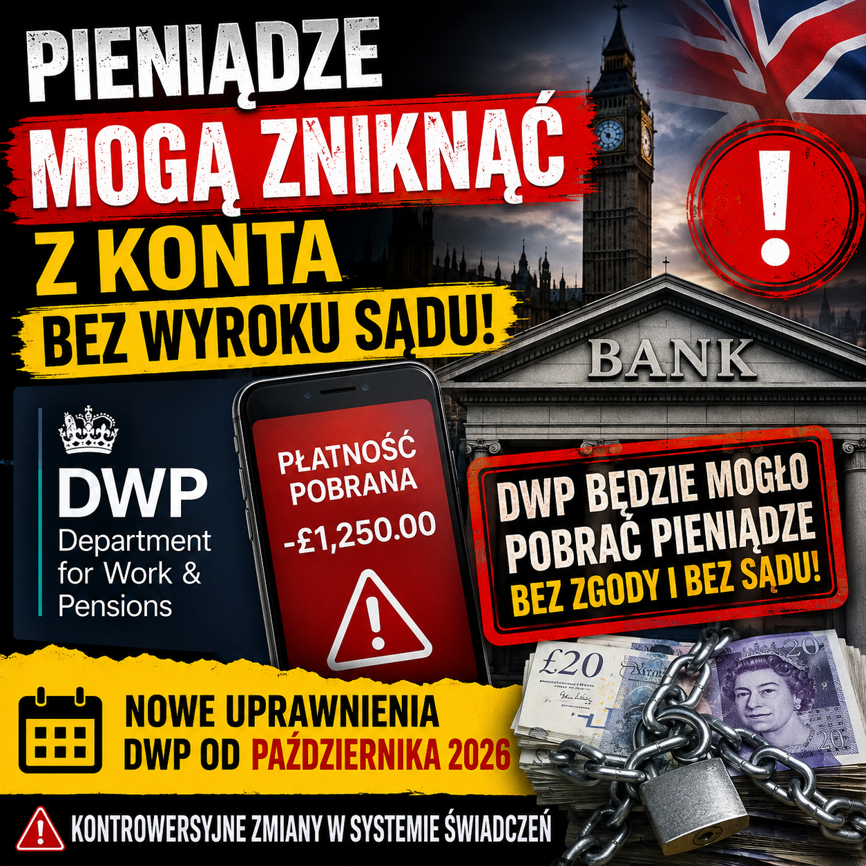 Pieniądze mogą zniknąć z konta bez wyroku sądu. Nowe uprawnienia DWP