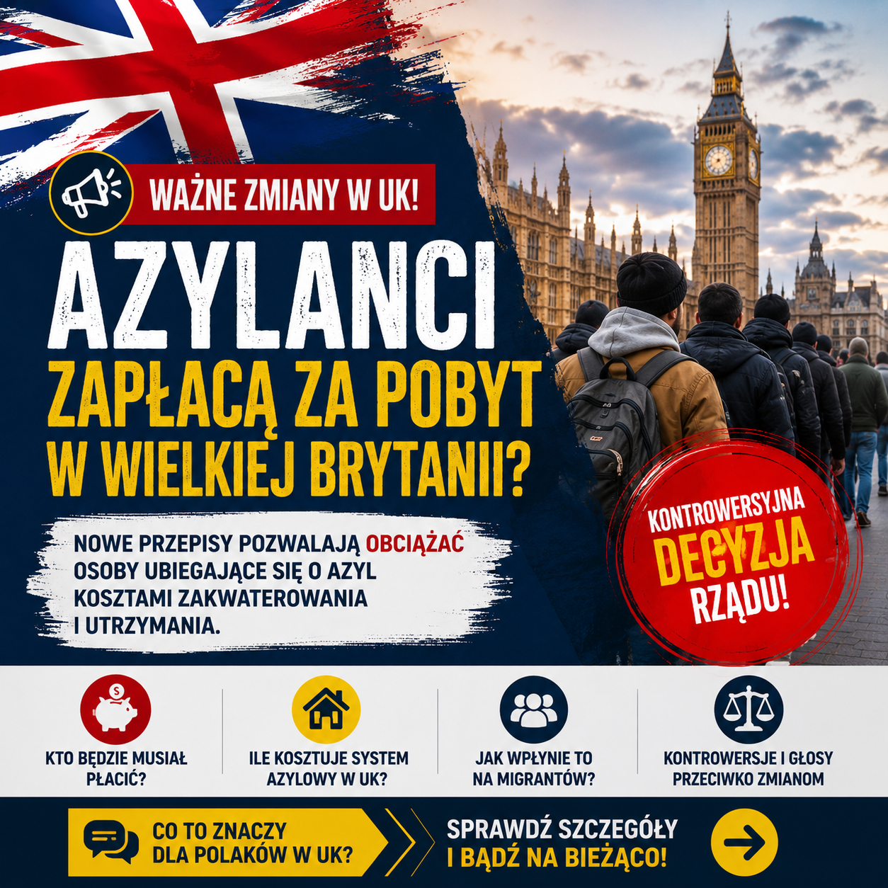 Nowe zasady dotyczące azylantów w Wielkiej Brytanii. Część osób może zostać obciążona kosztami pobytu