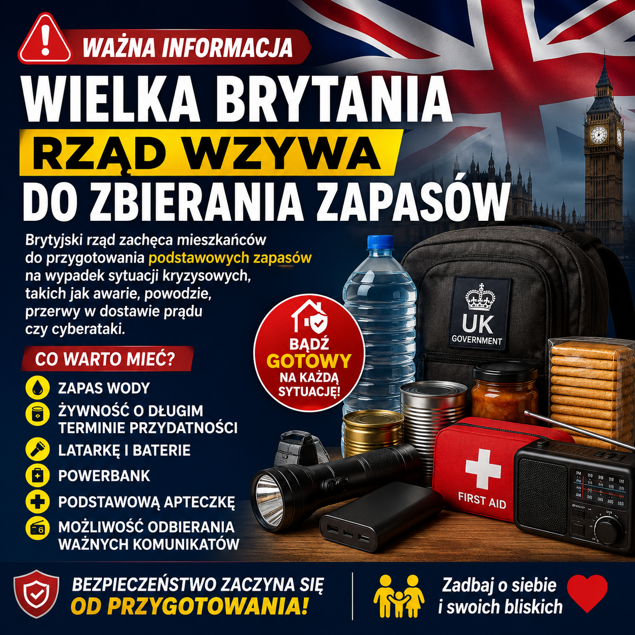 Wielka Brytania przygotowuje mieszkańców na sytuacje kryzysowe. Rząd zachęca do tworzenia domowych zapasów