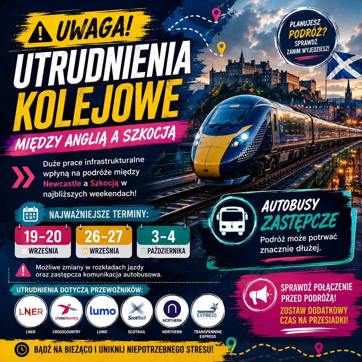 Utrudnienia kolejowe między Anglią a Szkocją. Duże prace wpłyną na podróże z Newcastle
