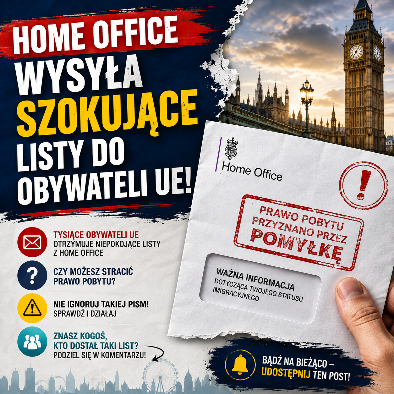 Home Office wysyła szokujące listy do obywateli UE. „Prawo pobytu przyznano przez pomyłkę”