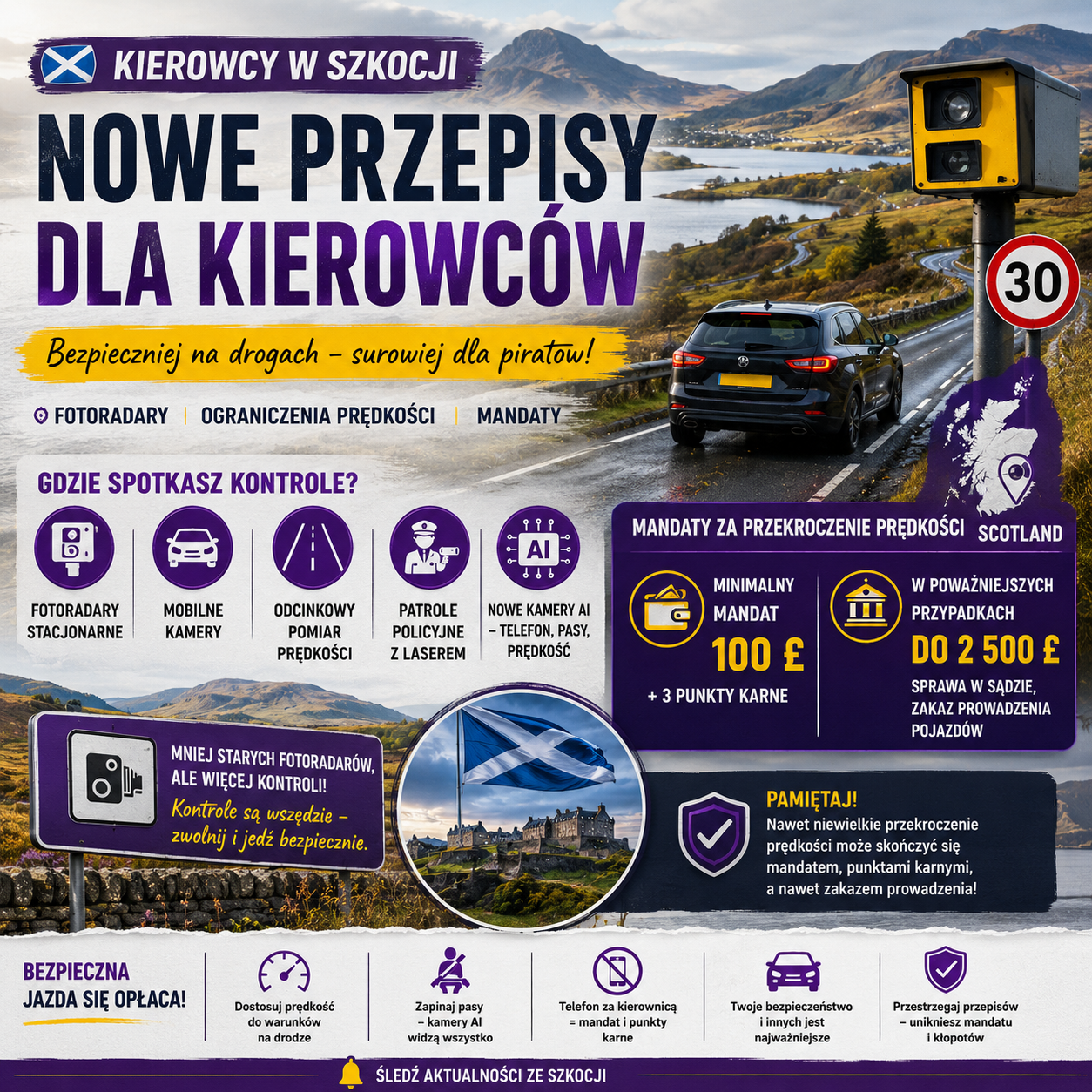 Kierowcy w Szkocji pod lupą. Co warto wiedzieć o fotoradarach, mandatach i nowych technologiach?